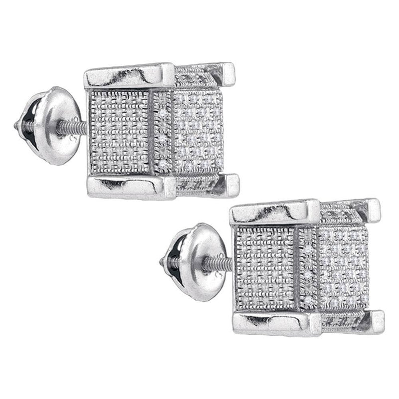 Sterling Silver Mens Round Diamond 3D Square Cluster Stud Earrings 1/5 Cttw