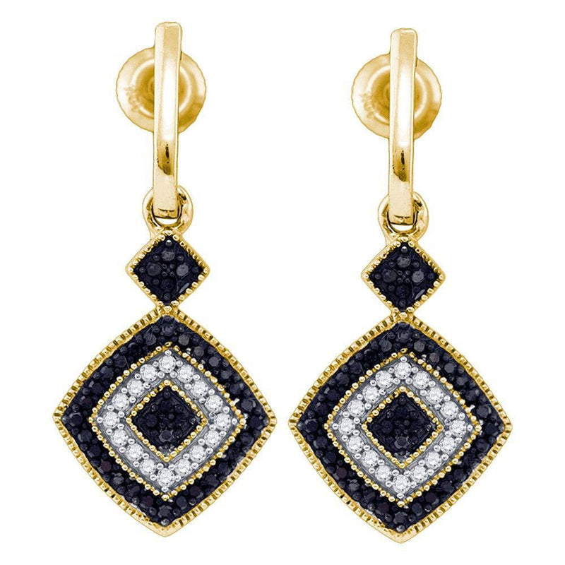 10kt Yellow Gold Womens Round Black Color Enhanced Diamond Concentric Square Dangle Earrings 1/3 Cttw