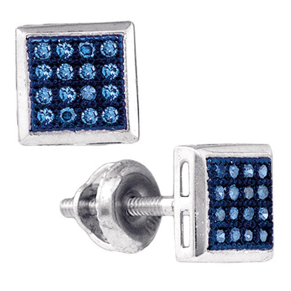 10k White Gold Womens Blue Color Enhanced Diamond Square Cluster Screwback Stud Earrings 1/10 Cttw