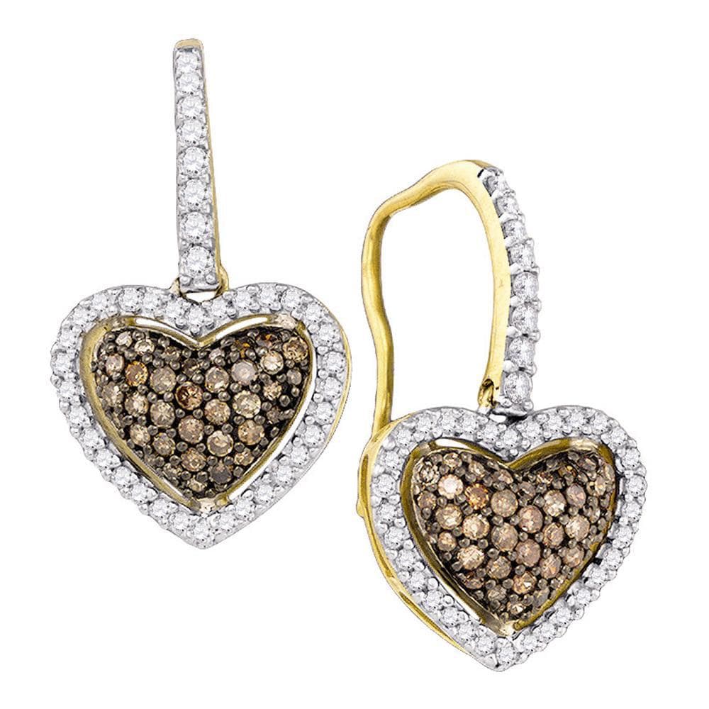 10kt Yellow Gold Womens Cognac-brown Color Enhanced Diamond Heart Dangle Earrings 5/8 Cttw