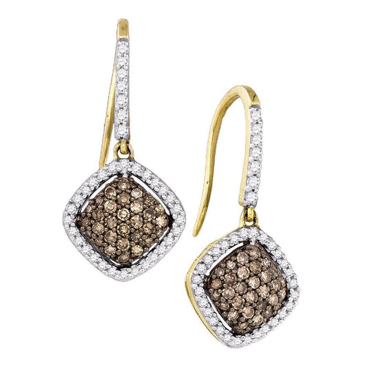 10kt Yellow Gold Womens Round Cognac-brown Color Enhanced Diamond Square Dangle Earrings 5/8 Cttw