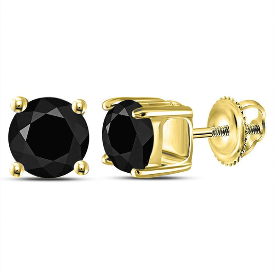 14kt Yellow Gold Unisex Round Black Color Enhanced Diamond Solitaire Stud Earrings 2.00 Cttw