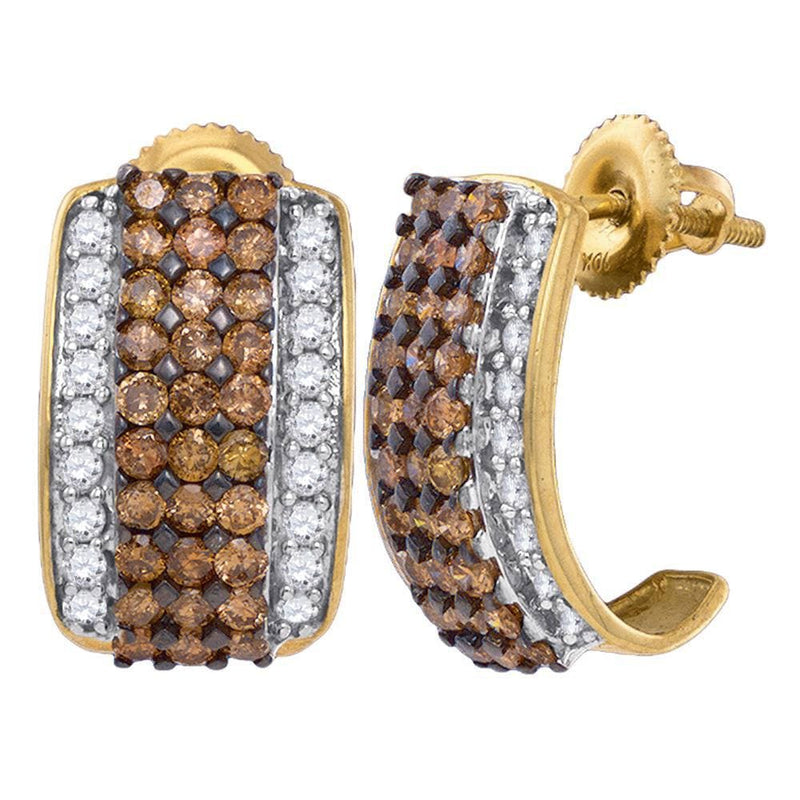 10kt Yellow Gold Womens Round Cognac-brown Color Enhanced Diamond Hoop Earrings 1-7/8 Cttw