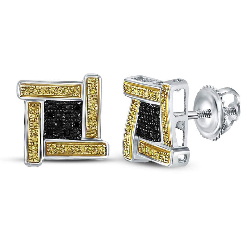 Sterling Silver Mens Round Yellow Black Color Enhanced Diamond Cluster Earrings 1/6 Cttw