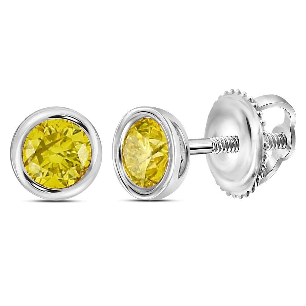 Sterling Silver Mens Round Yellow Color Enhanced Diamond Stud Earrings 1/2 Cttw