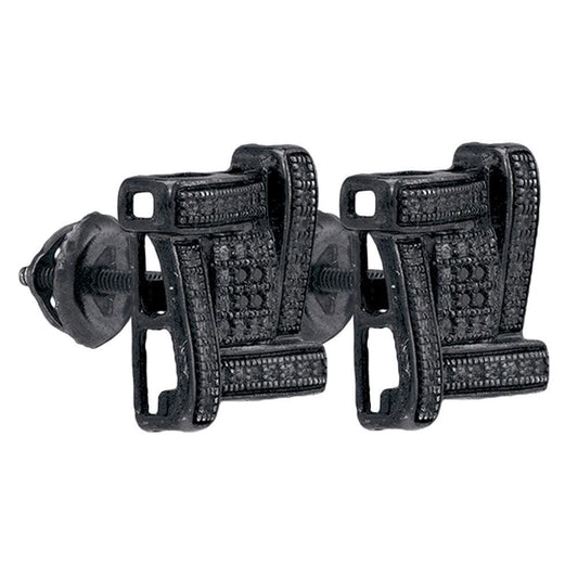 Black-rhodium Sterling Silver Mens Round Black Color Enhanced Diamond Square Cluster Earrings .03 Cttw