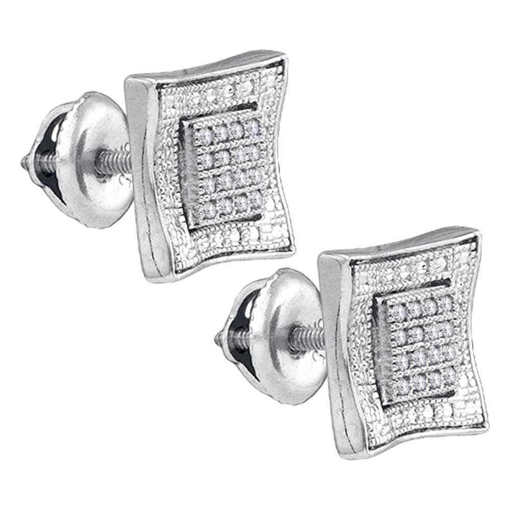 Sterling Silver Mens Round Diamond Square Kite Cluster Stud Earrings 1/10 Cttw