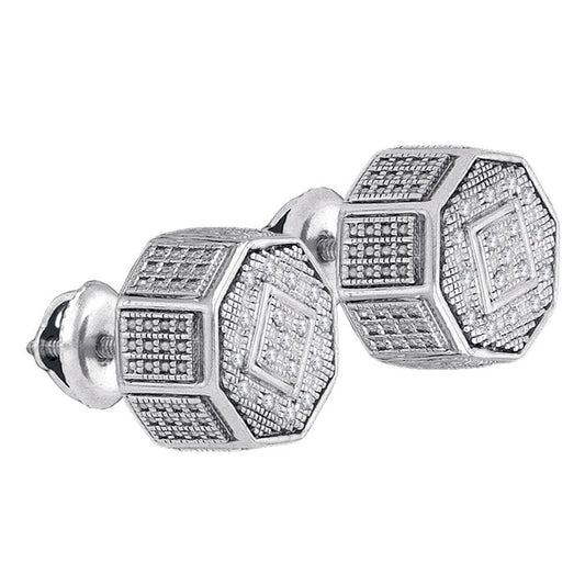 Sterling Silver Unisex Round Diamond Octagon Cluster Stud Earrings 1/10 Cttw