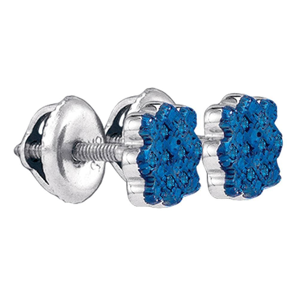 Sterling Silver Womens Round Blue Color Enhanced Diamond Cluster Screwback Stud Earrings 1/20 Cttw
