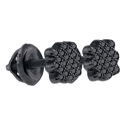 Sterling Silver Round Black Color Enhanced Diamond Cluster Screwback Stud Earrings 1/20 Cttw