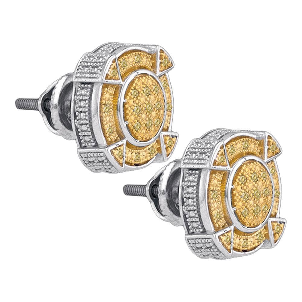 Sterling Silver Mens Round Yellow Color Enhanced Diamond Cluster Earrings 1/8 Cttw