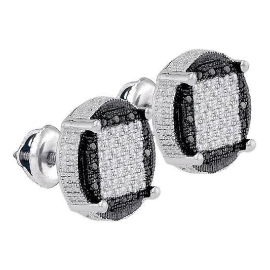 Sterling Silver Mens Round Black Color Enhanced Diamond Circle Cluster Earrings  Cttw