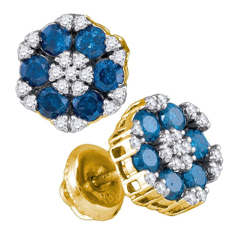 10kt Yellow Gold Womens Round Blue Color Enhanced Diamond Cluster Screwback Earrings 1.00 Cttw