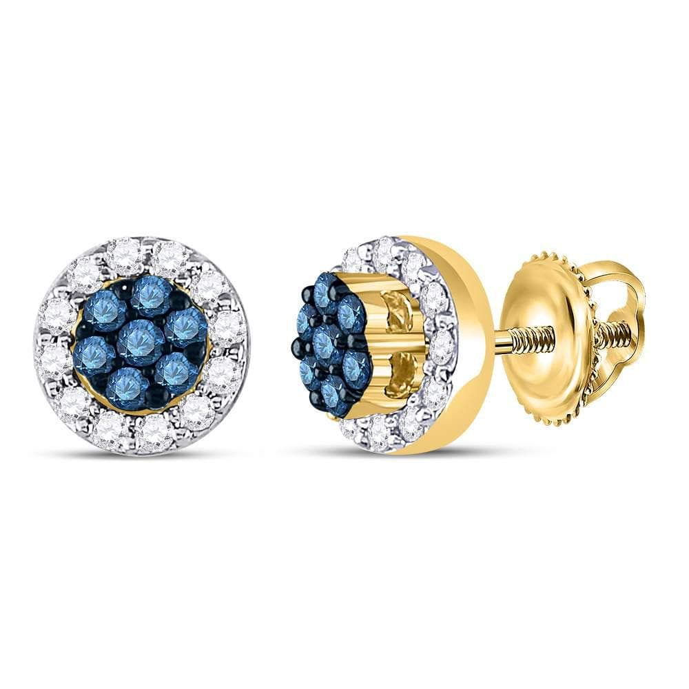 10kt Yellow Gold Womens Round Blue Color Enhanced Diamond Flower Cluster Earrings 1/2 Cttw