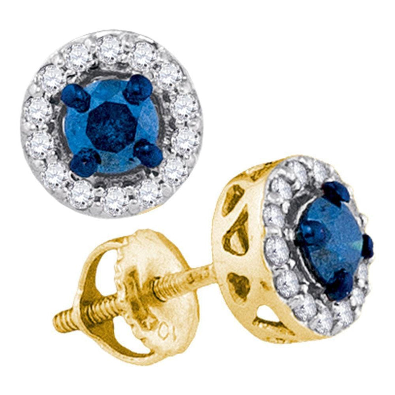 10kt Yellow Gold Womens Round Blue Color Enhanced Diamond Solitaire Stud Earrings 1/2 Cttw
