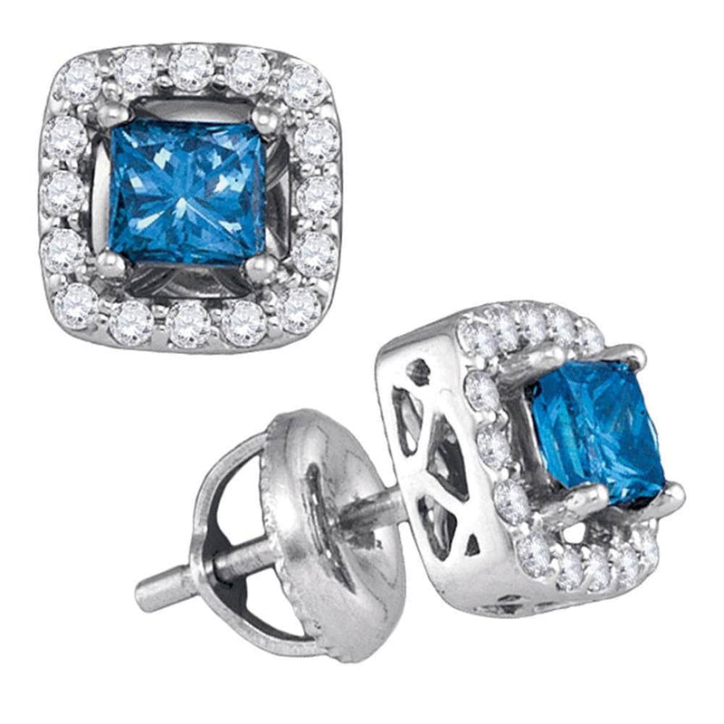 10kt White Gold Womens Princess Blue Color Enhanced Diamond Solitaire Square Stud Earrings 3/4 Cttw