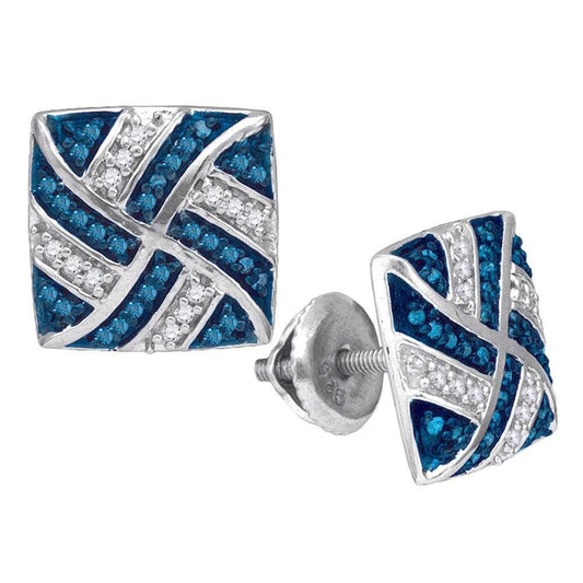 10kt White Gold Womens Round Blue Color Enhanced Diamond Square Pinwheel Cluster Earrings 1/4 Cttw