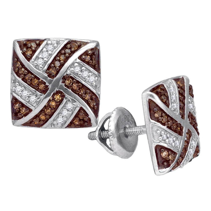 10kt White Gold Womens Round Cognac-brown Color Enhanced Diamond Square Pinwheel Earrings 1/4 Cttw
