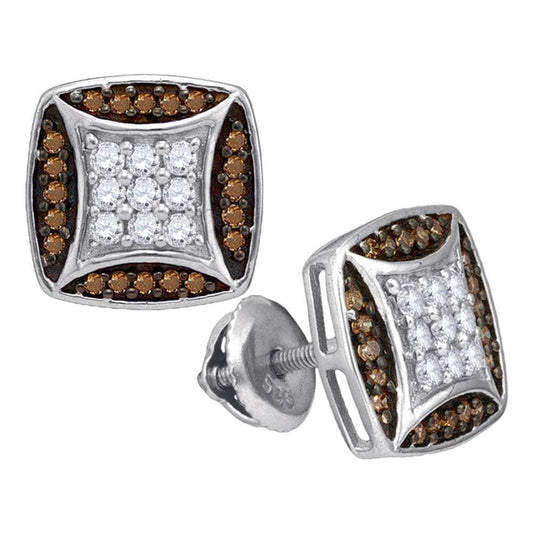 10kt White Gold Womens Round Cognac-brown Color Enhanced Diamond Square Cluster Earrings 1/2 Cttw