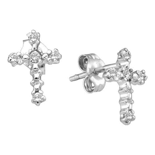 10kt White Gold Womens Round Diamond Cross Religious Stud Earrings 1/20 Cttw