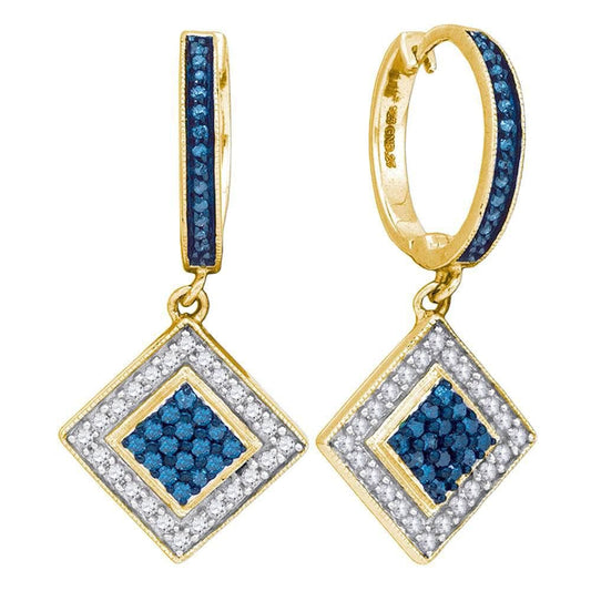 10kt Yellow Gold Womens Round Blue Color Enhanced Diamond Square Dangle Earrings 1/2 Cttw