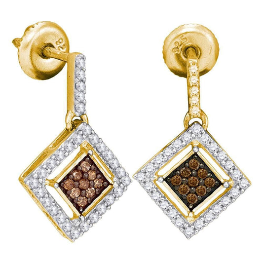 10kt Yellow Gold Womens Round Cognac-brown Color Enhanced Diamond Square Dangle Earrings 1/2 Cttw