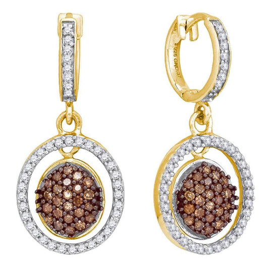 10kt Yellow Gold Womens Round Cognac-brown Color Enhanced Diamond Oval Frame Dangle Earrings 3/4 Cttw