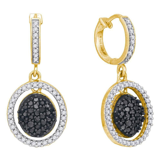 10kt Yellow Gold Womens Round Black Color Enhanced Diamond Oval Frame Dangle Earrings 3/4 Cttw