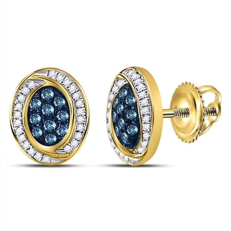10kt Yellow Gold Womens Round Blue Color Enhanced Diamond Oval Cluster Earrings 1/3 Cttw