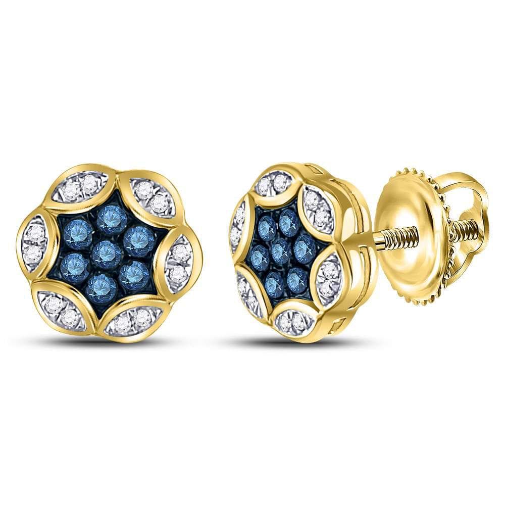 10kt Yellow Gold Womens Round Blue Color Enhanced Diamond Cluster Stud Earrings 1/4 Cttw