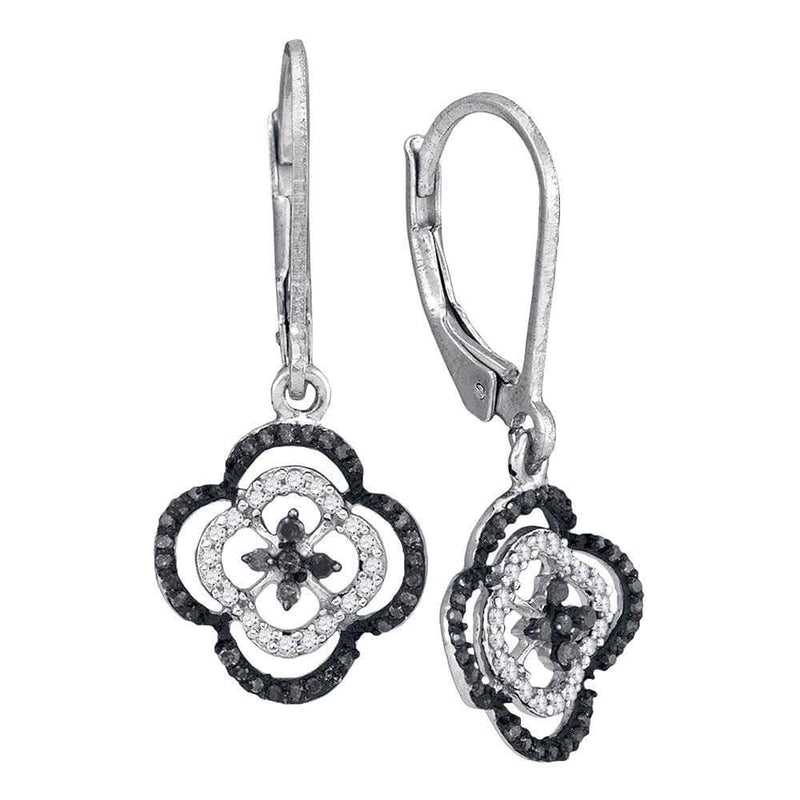 10kt White Gold Womens Round Black Color Enhanced Diamond Quatrefoil Leverback Dangle Earrings 1/3 Cttw