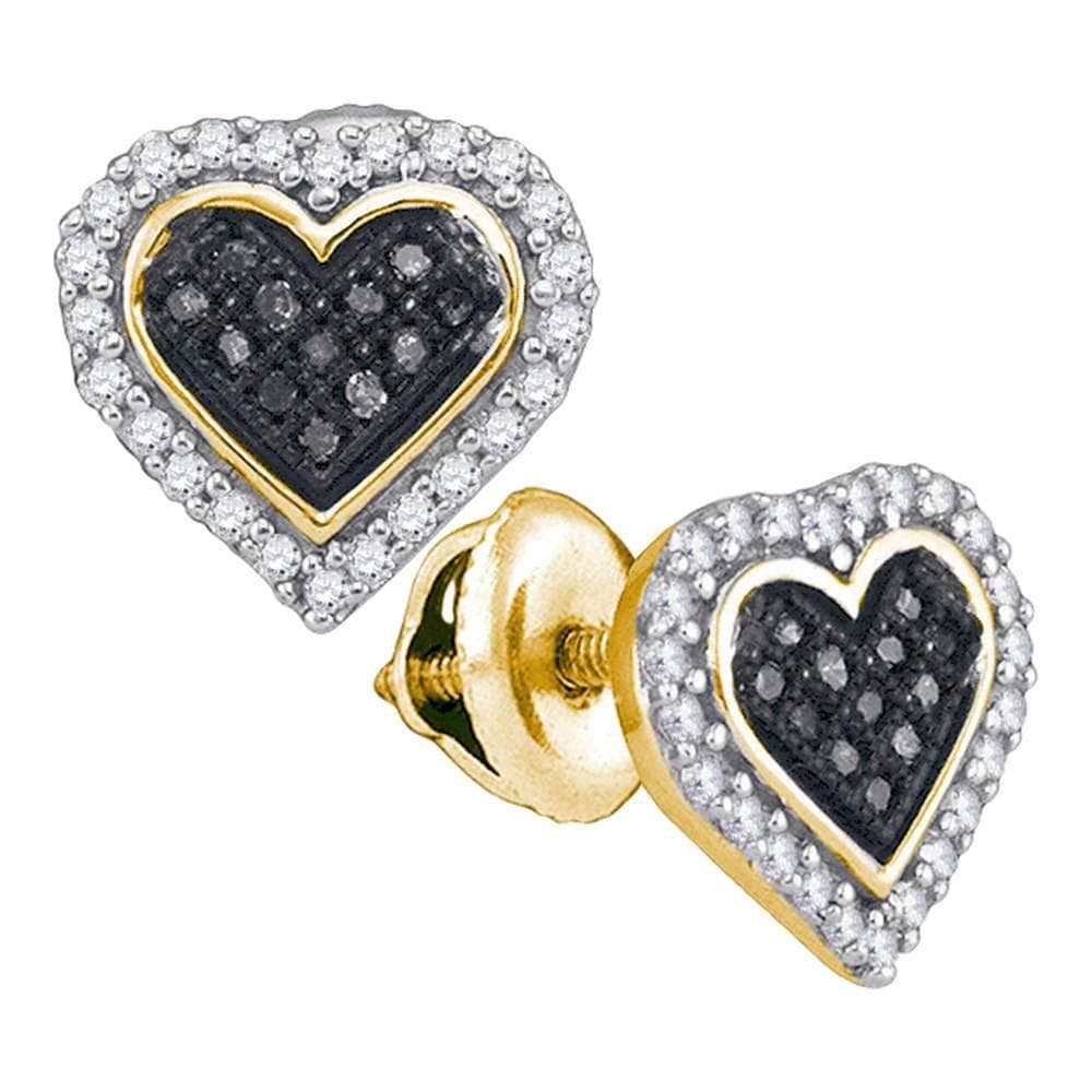 10kt Yellow Gold Womens Round Black Color Enhanced Diamond Heart Cluster Stud Earrings 1/4 Cttw