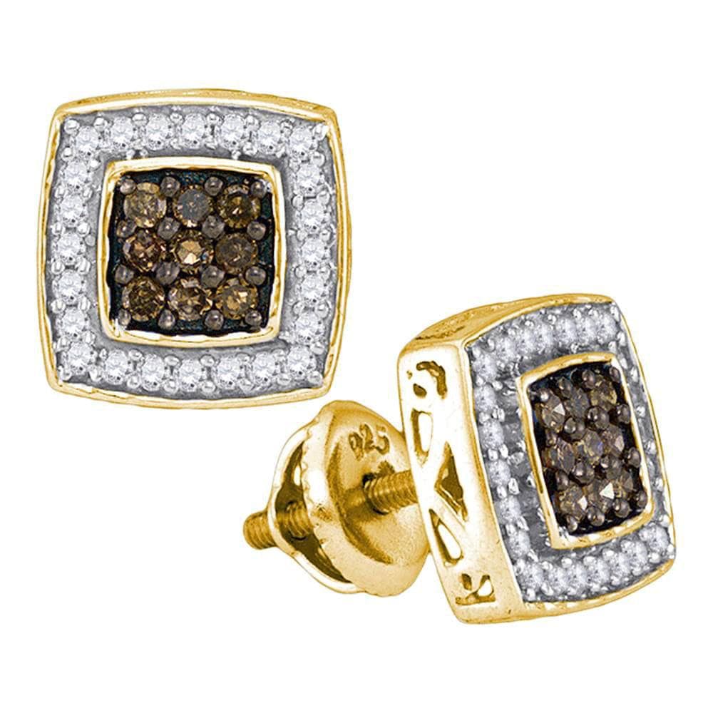 10kt Yellow Gold Womens Round Brown Color Enhanced Diamond Square Cluster Earrings 1/2 Cttw