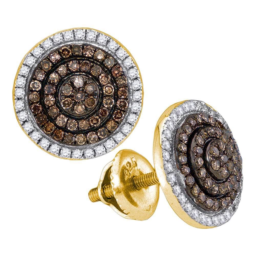 10kt Yellow Gold Womens Round Cognac-brown Color Enhanced Diamond Concentric Cluster Earrings 1/2 Cttw