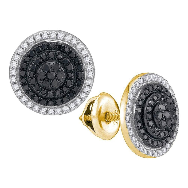 10kt Yellow Gold Womens Round Black Color Enhanced Diamond Concentric Circle Layered Cluster Earrings 1/2 Cttw