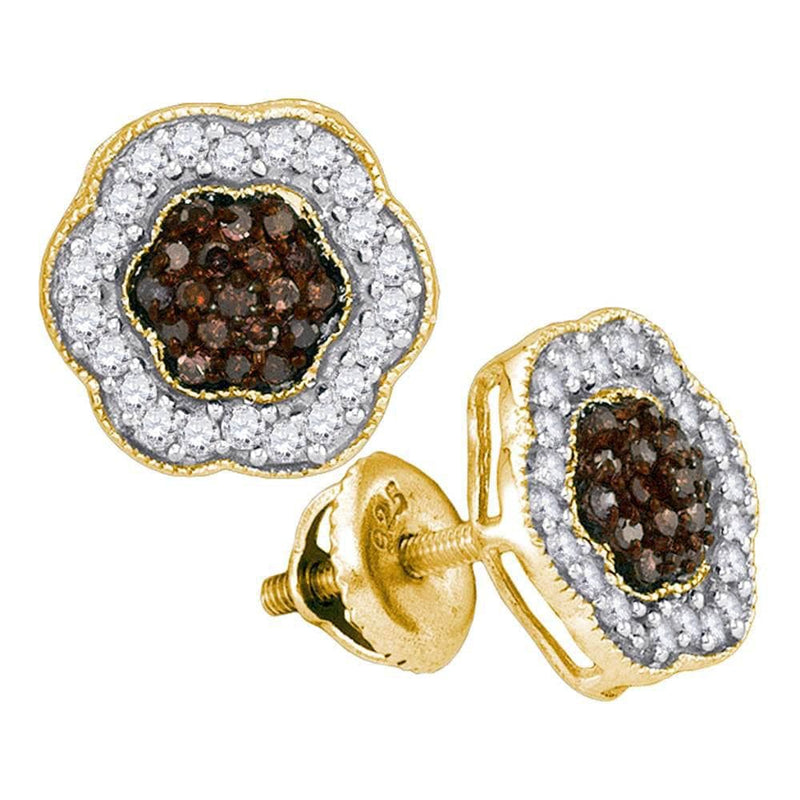 10kt Yellow Gold Womens Round Cognac-brown Color Enhanced Diamond Polygon Cluster Earrings 1/2 Cttw