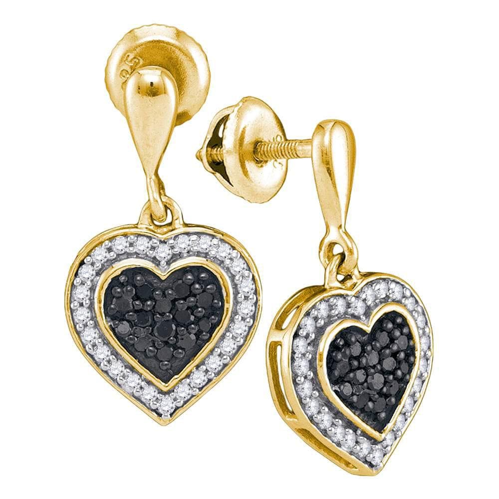 10kt Yellow Gold Womens Round Black Color Enhanced Diamond Heart Frame Dangle Earrings 1/2 Cttw