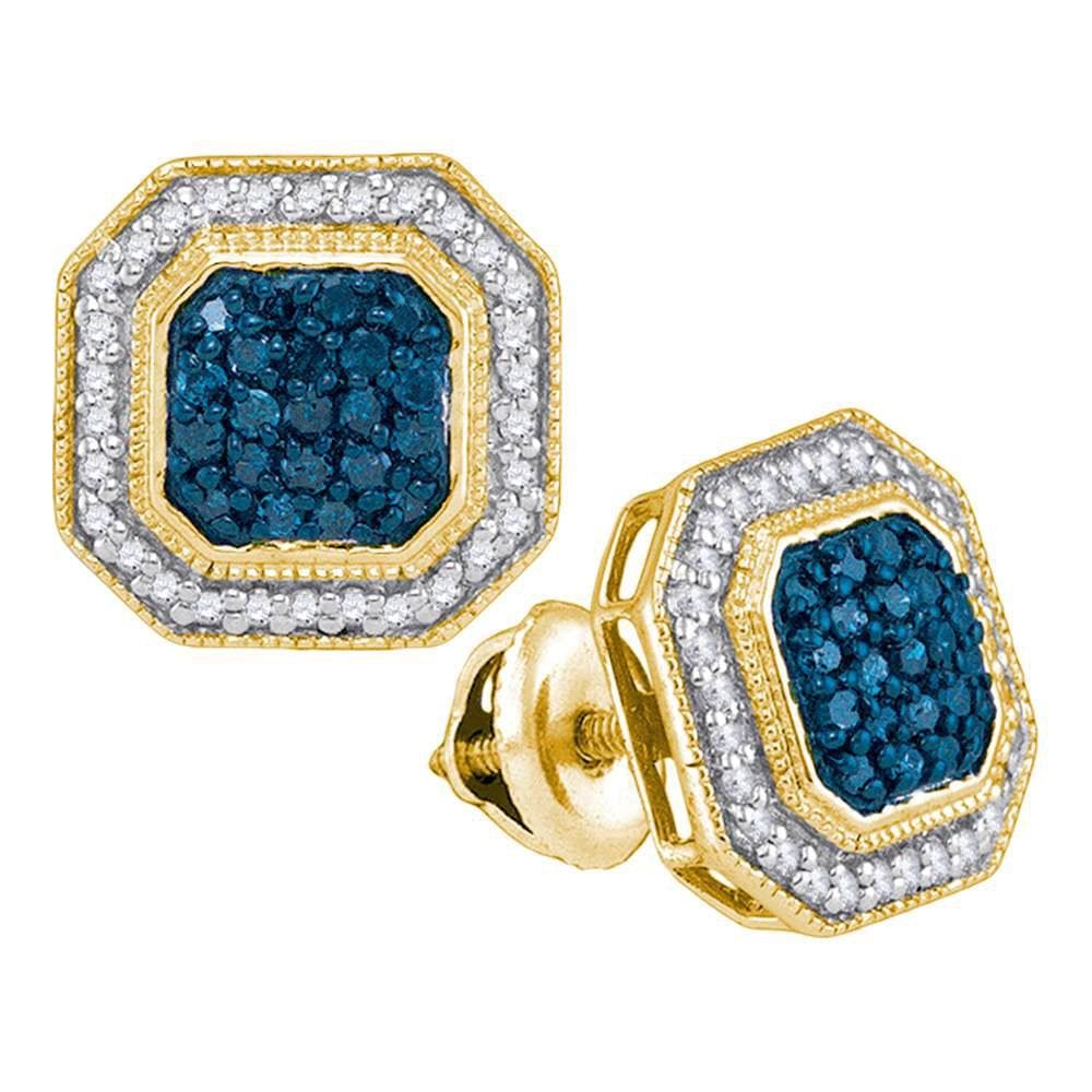 10kt Yellow Gold Womens Round Blue Color Enhanced Diamond Octagon Frame Cluster Earrings 1/2 Cttw