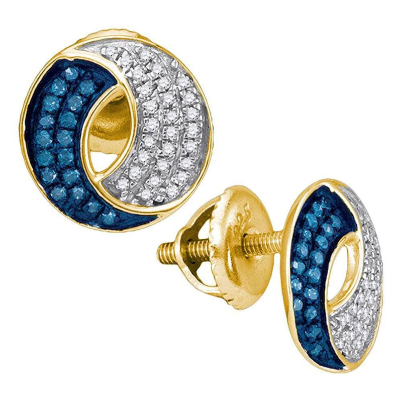 10kt Yellow Gold Womens Round Blue Color Enhanced Diamond Circle Cluster Earrings 1/5 Cttw
