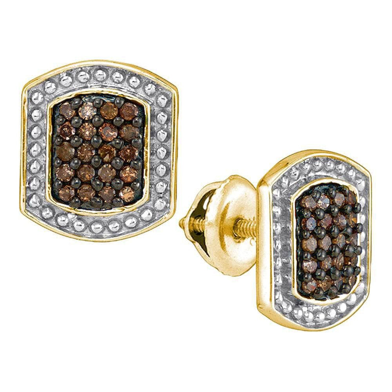 10kt Yellow Gold Womens Round Brown Color Enhanced Diamond Cluster Earrings 1/3 Cttw