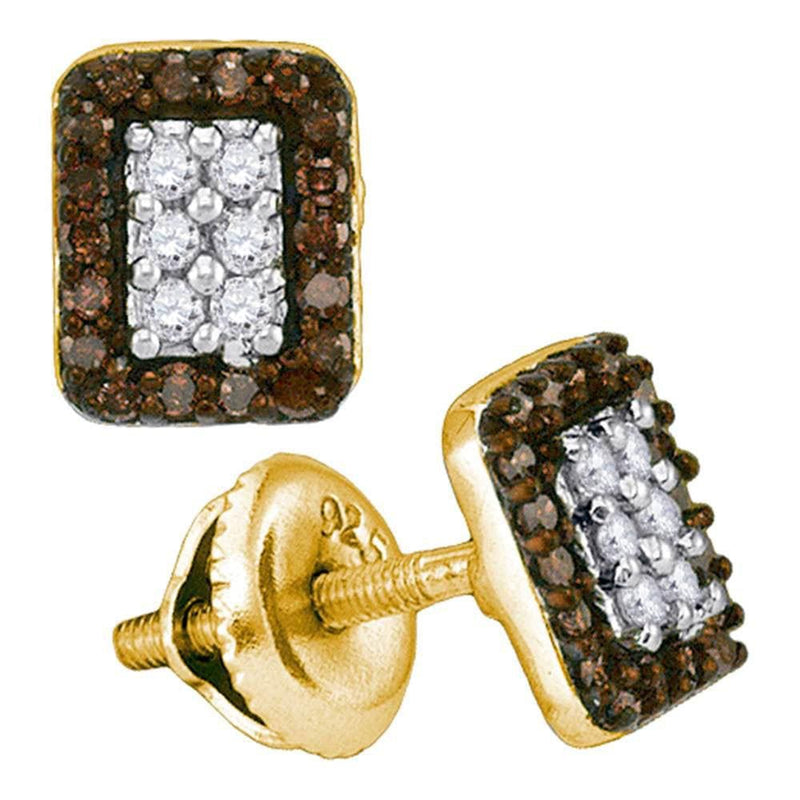 10kt Yellow Gold Womens Round Brown Color Enhanced Diamond Rectangle Cluster Earrings 1/3 Cttw