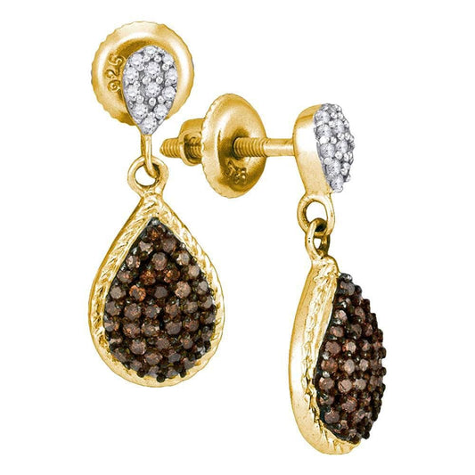 10kt Yellow Gold Womens Round Cognac-brown Color Enhanced Diamond Teardrop Dangle Earrings 1/2 Cttw
