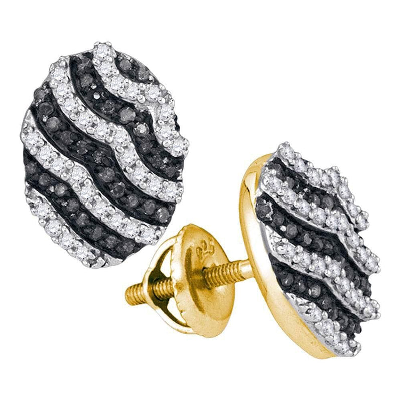 10kt Yellow Gold Womens Round Black Color Enhanced Diamond Oval Stripe Cluster Earrings 1/2 Cttw
