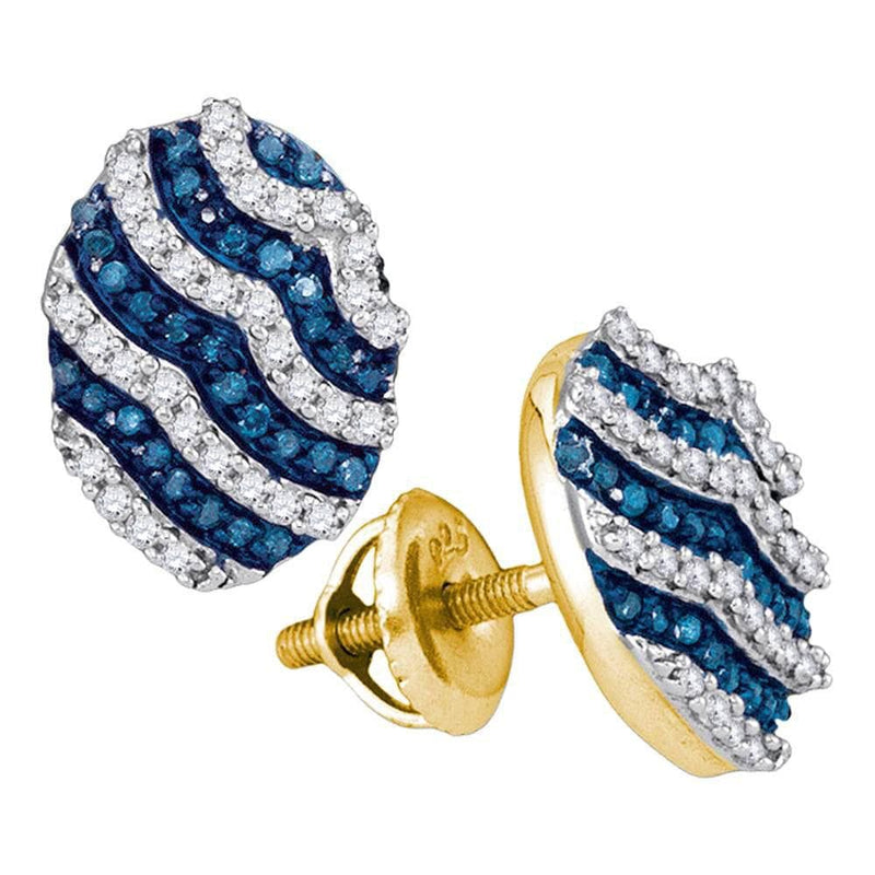 10kt Yellow Gold Womens Round Blue Color Enhanced Diamond Oval Stripe Cluster Earrings 1/2 Cttw