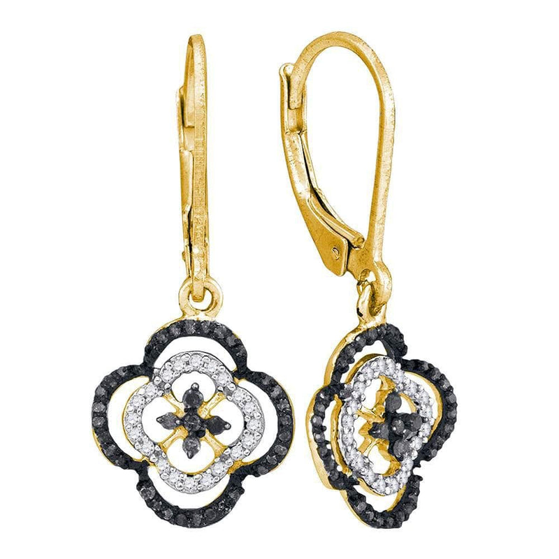 10kt Yellow Gold Womens Round Black Color Enhanced Diamond Quatrefoil Leverback Dangle Earrings 1/3 Cttw