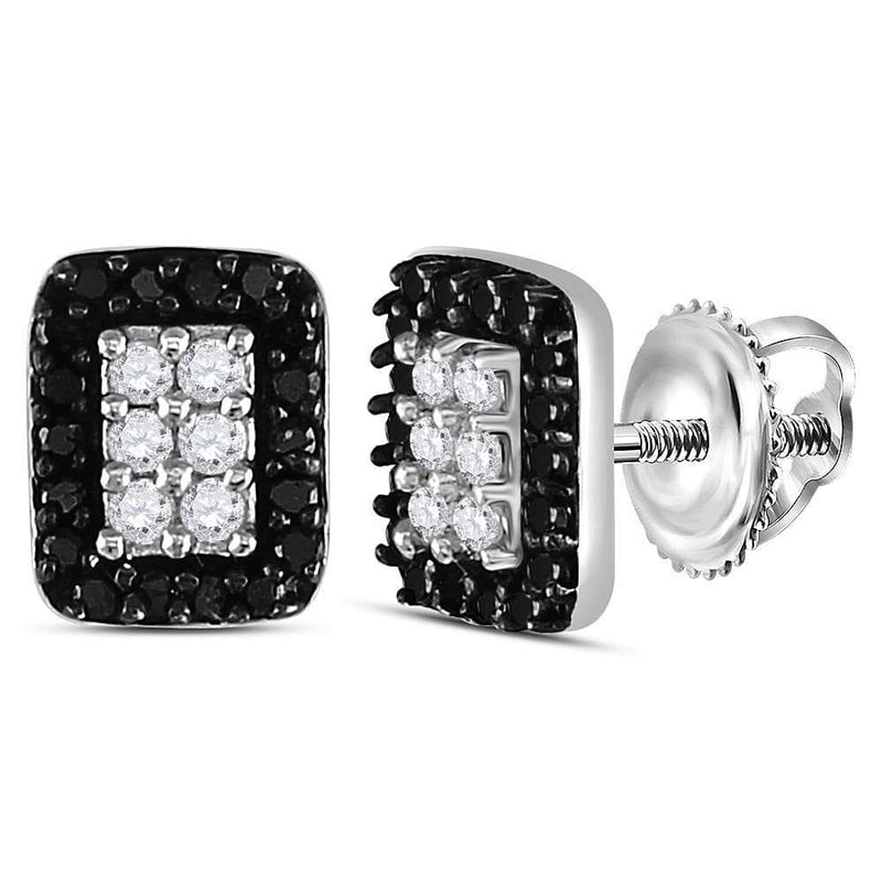 Sterling Silver Womens Round Black Color Enhanced Diamond Rectangle Cluster Earrings 1/3 Cttw
