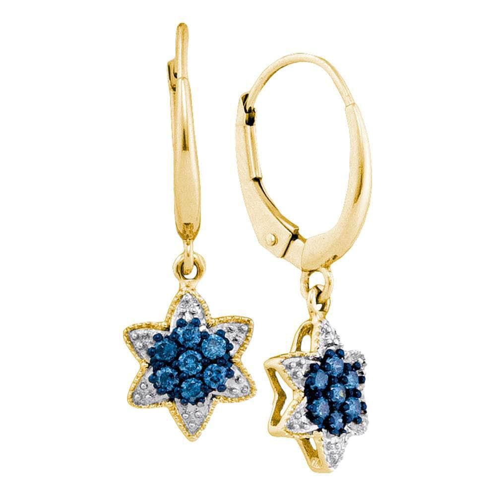 10kt Yellow Gold Womens Round Blue Color Enhanced Diamond Star Cluster Dangle Earrings 1/4 Cttw