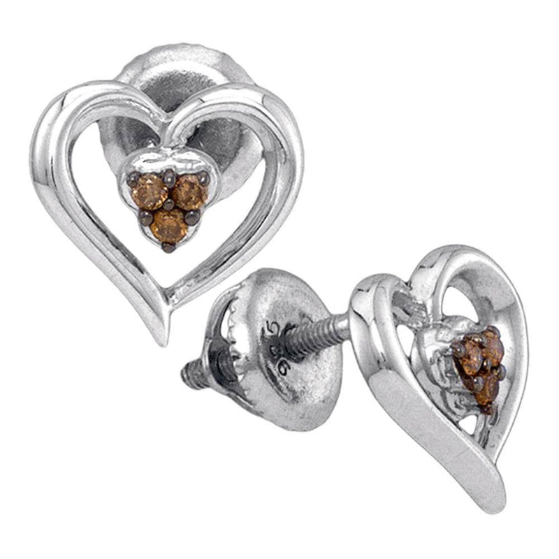 Sterling Silver Womens Round Cognac-brown Color Enhanced Diamond Heart Earrings 1/12 Cttw