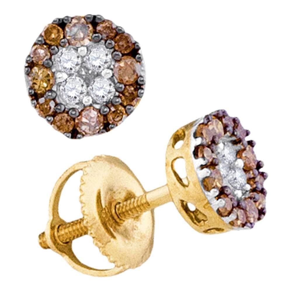 10kt Yellow Gold Womens Round Cognac-brown Color Enhanced Diamond Cluster Stud Earrings 1/3 Cttw