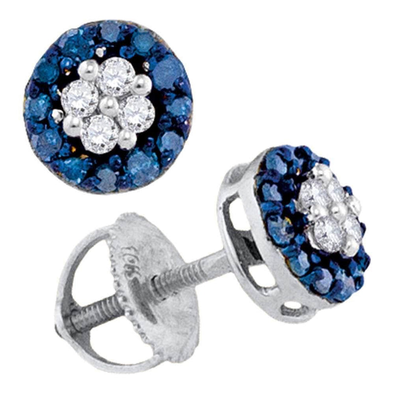 10kt White Gold Womens Round Blue Color Enhanced Diamond Cluster Screwback Earrings 1/3 Cttw